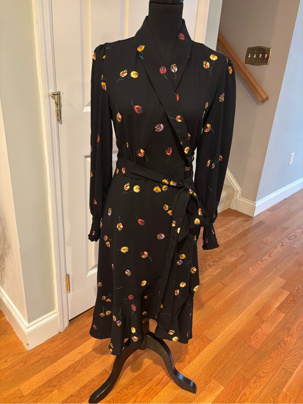 CAbi Divine Dress #4391 Black Floral Wrap Dress with Long Sleeves